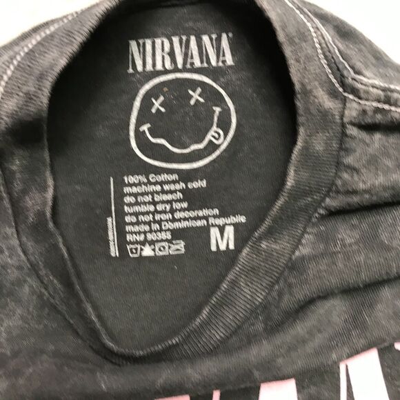 NEW Nirvana Pink Med Logo Smiley Graphic Acid Wash Grunge Tee T - Shirt - Picture 4 of 8
